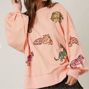 Peach multi color sequin tiger sweatshirt